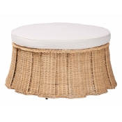 bali & pari Ying Round Natural Rattan Ottoman with Cushion - Handwoven Wicker Pleated Skirt Accent Coffee Table or Extra Seating for Living Room or Sunroom, Large Baxton Studio restaurant furniture, hotel furniture, commercial furniture, wholesale living room furniture, wholesale ottoman, classic ottoman